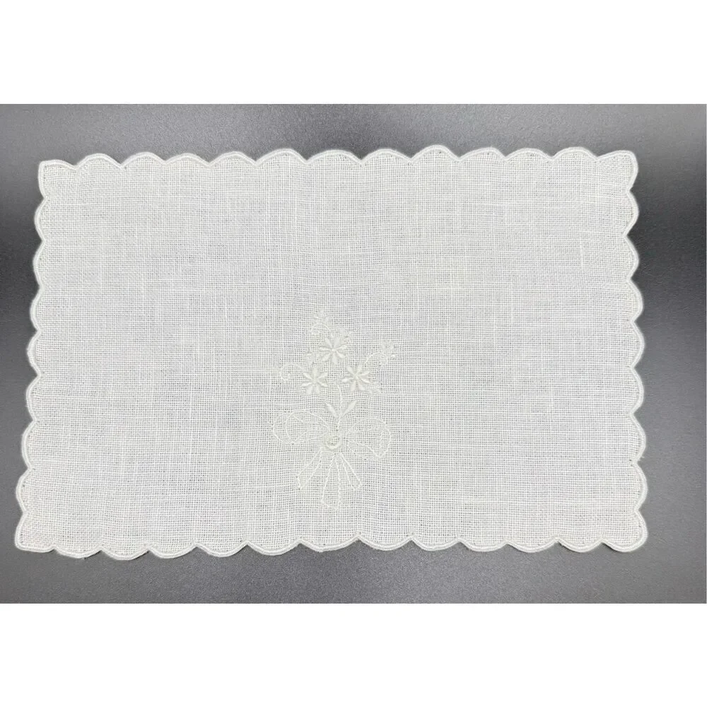 Linen Cocktail Napkins Set of 6 White On White Floral Embroidery 5.5” X 8”